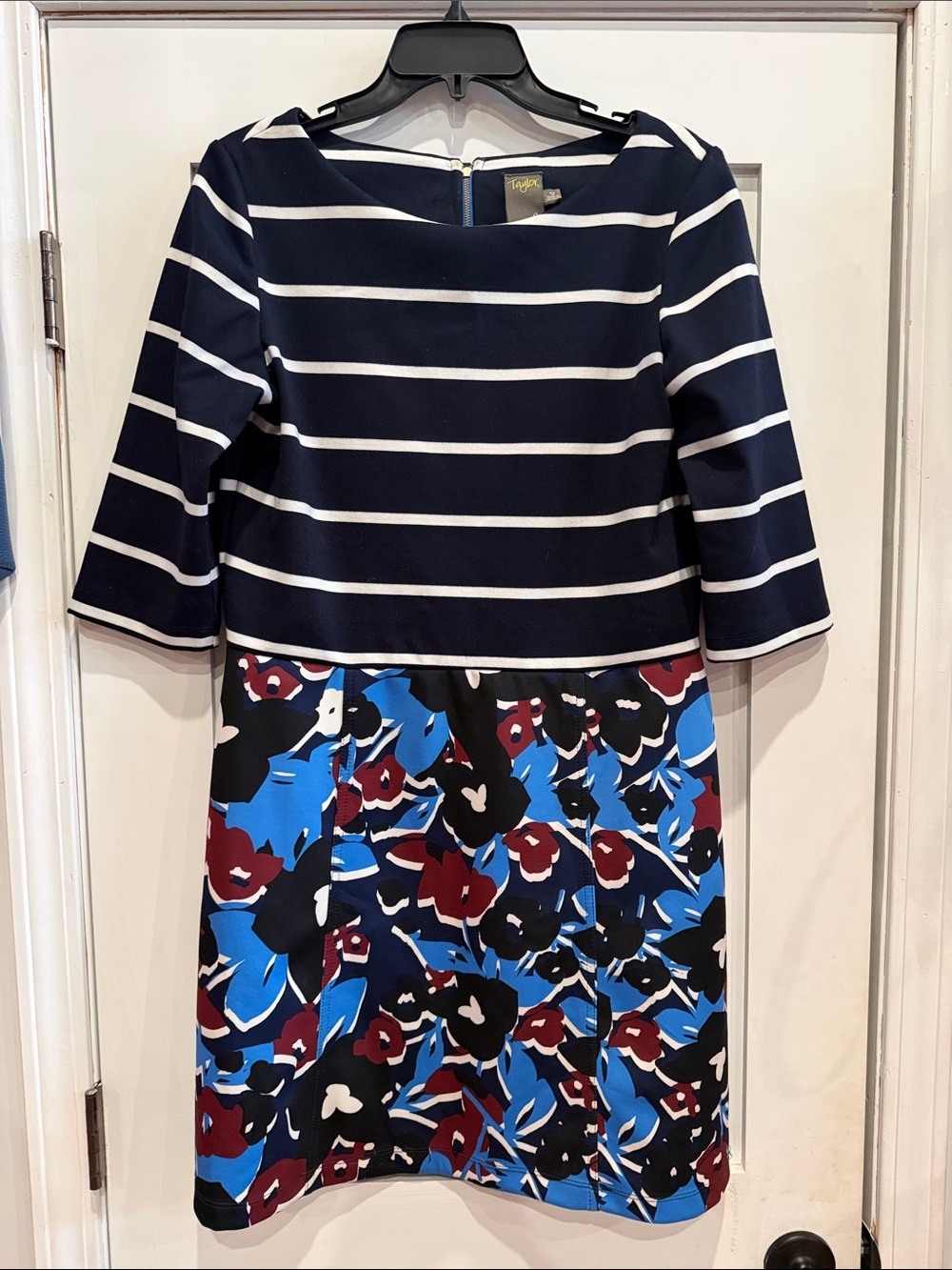 Taylor Navy & White Striped Top with Blue and Burgundy Floral Skirt Dress